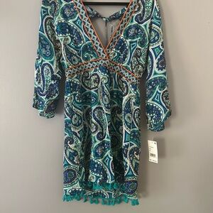 Trina Turk Blue and White V-Neck Bell Sleeve Coverup